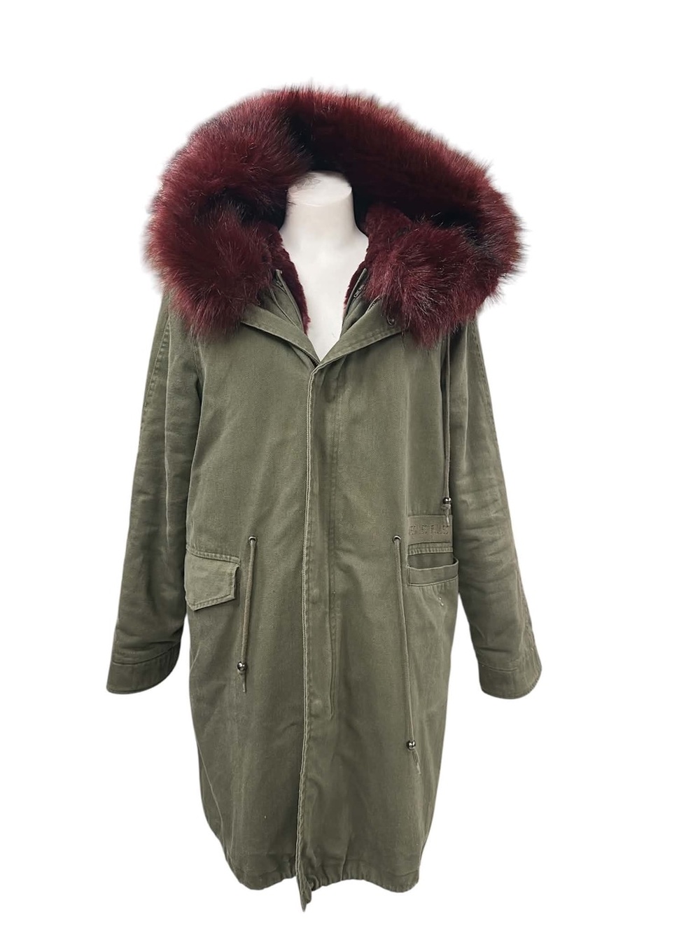 Avec Les Filles Olive Green Parka with Burgundy Fur-Trim Hood Size M